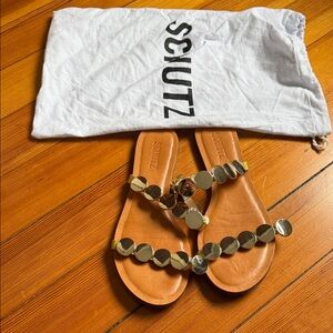 SCHUTZ Tan Leather Slides with Gold Disc Embellishments